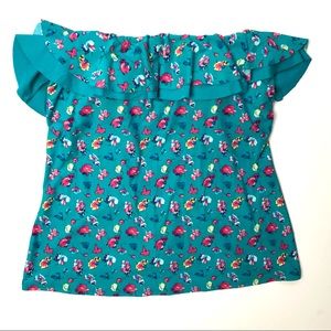 DKNY blue ruffled tankini top strapless floral